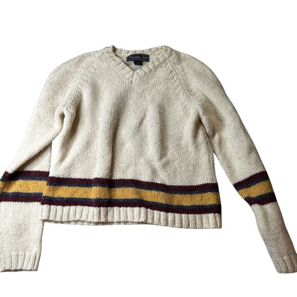 90’s ABERCROMBIE & FITCH Women's Cream V neck Sweater with Stripes Size LARGE - Picture 1 of 8